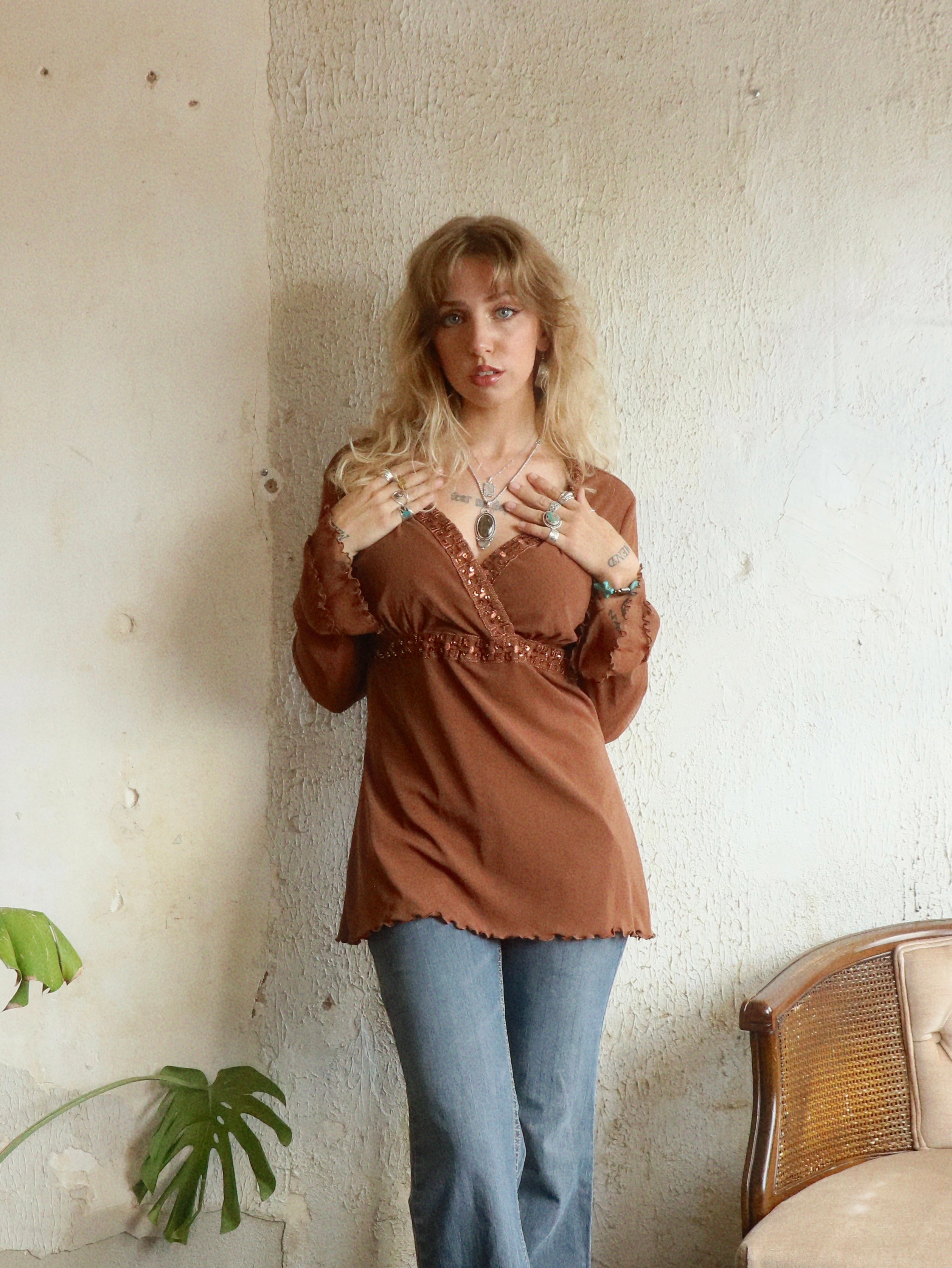 Y2K Beaded Cocoa Java Blouse - Size Large