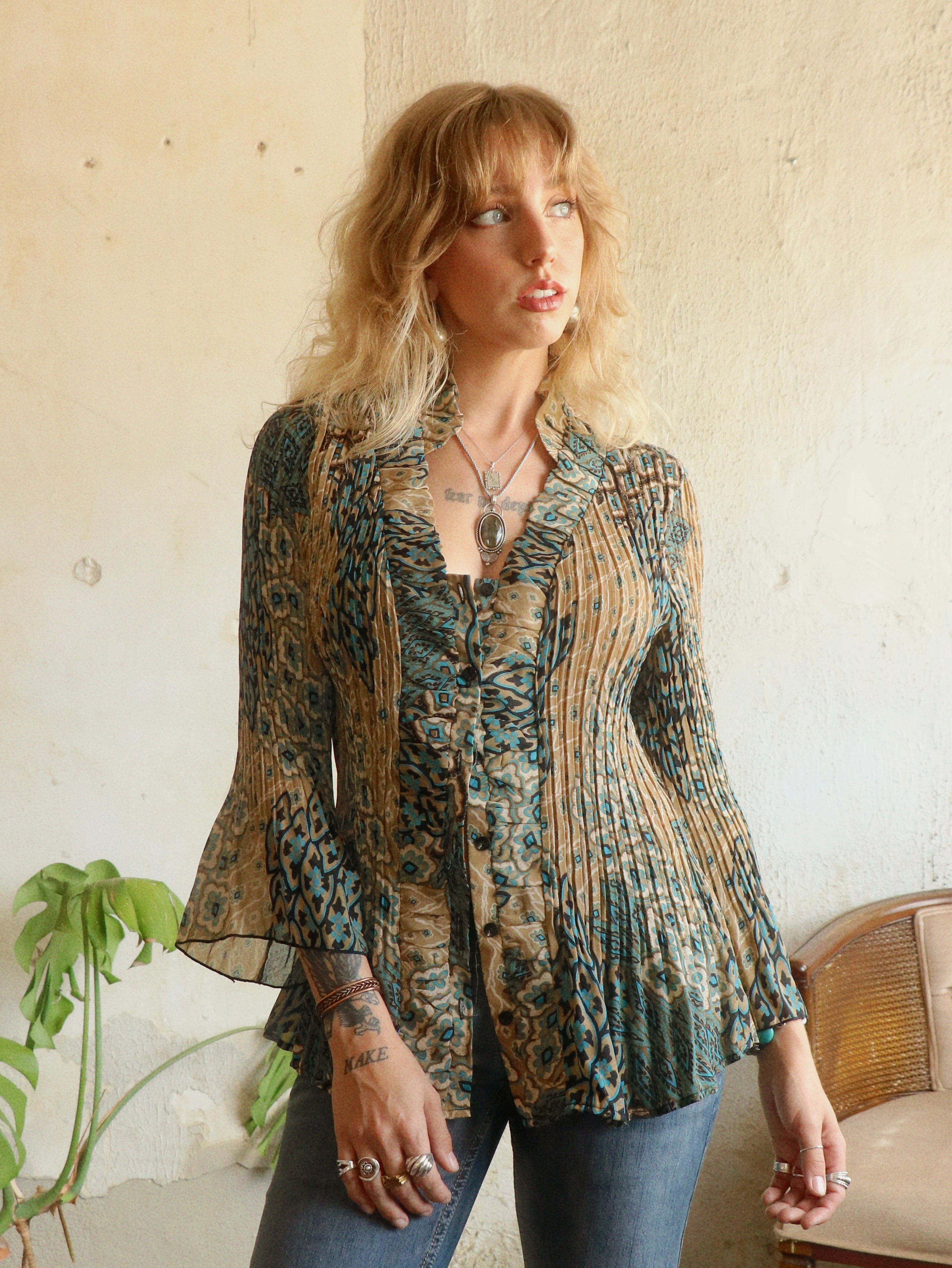 Y2K Ruffle Pleated Blouse - Size Large