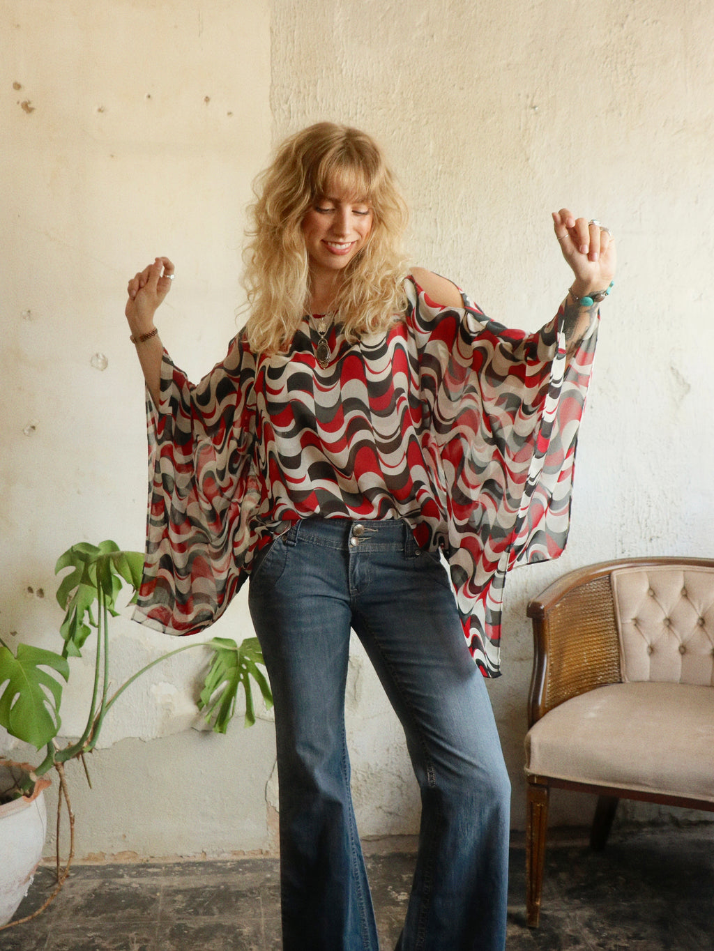 Y2K Cold Shoulder Handkerchief Blouse - Size Large