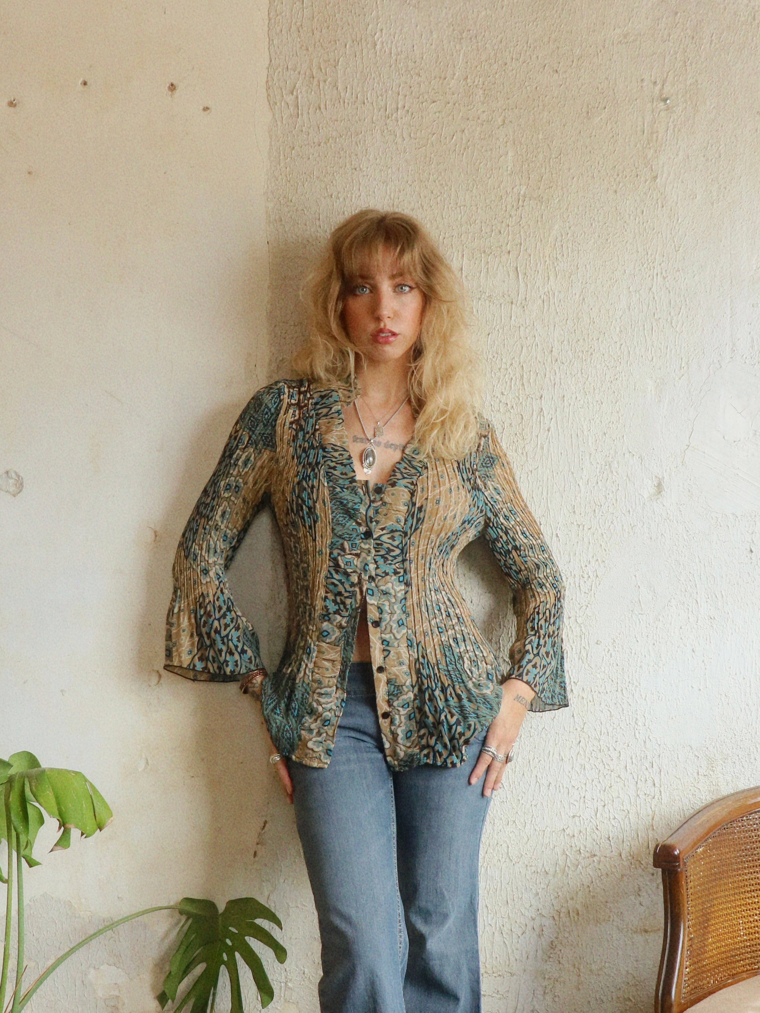Y2K Ruffle Pleated Blouse - Size Large