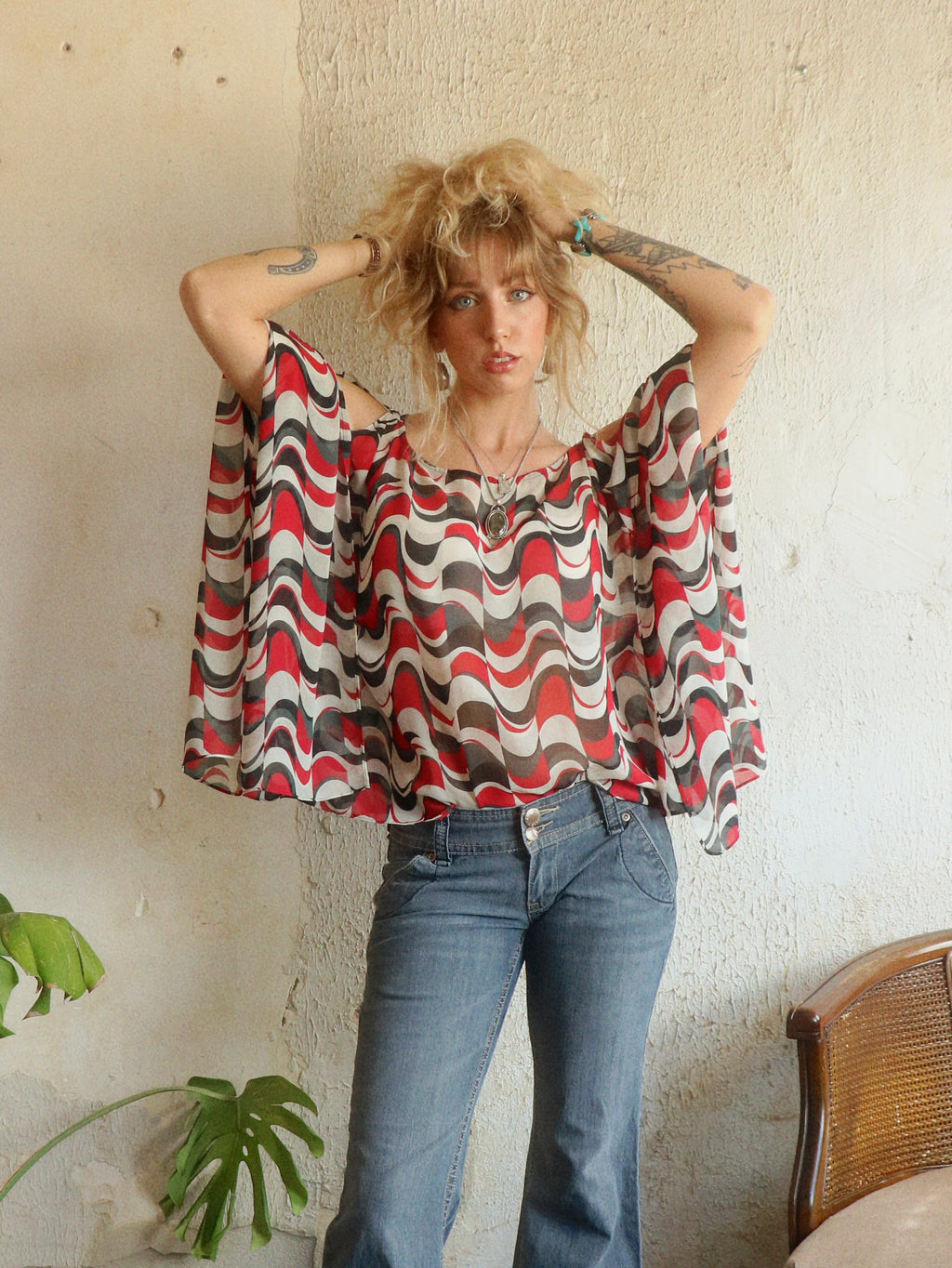 Y2K Cold Shoulder Handkerchief Blouse - Size Large