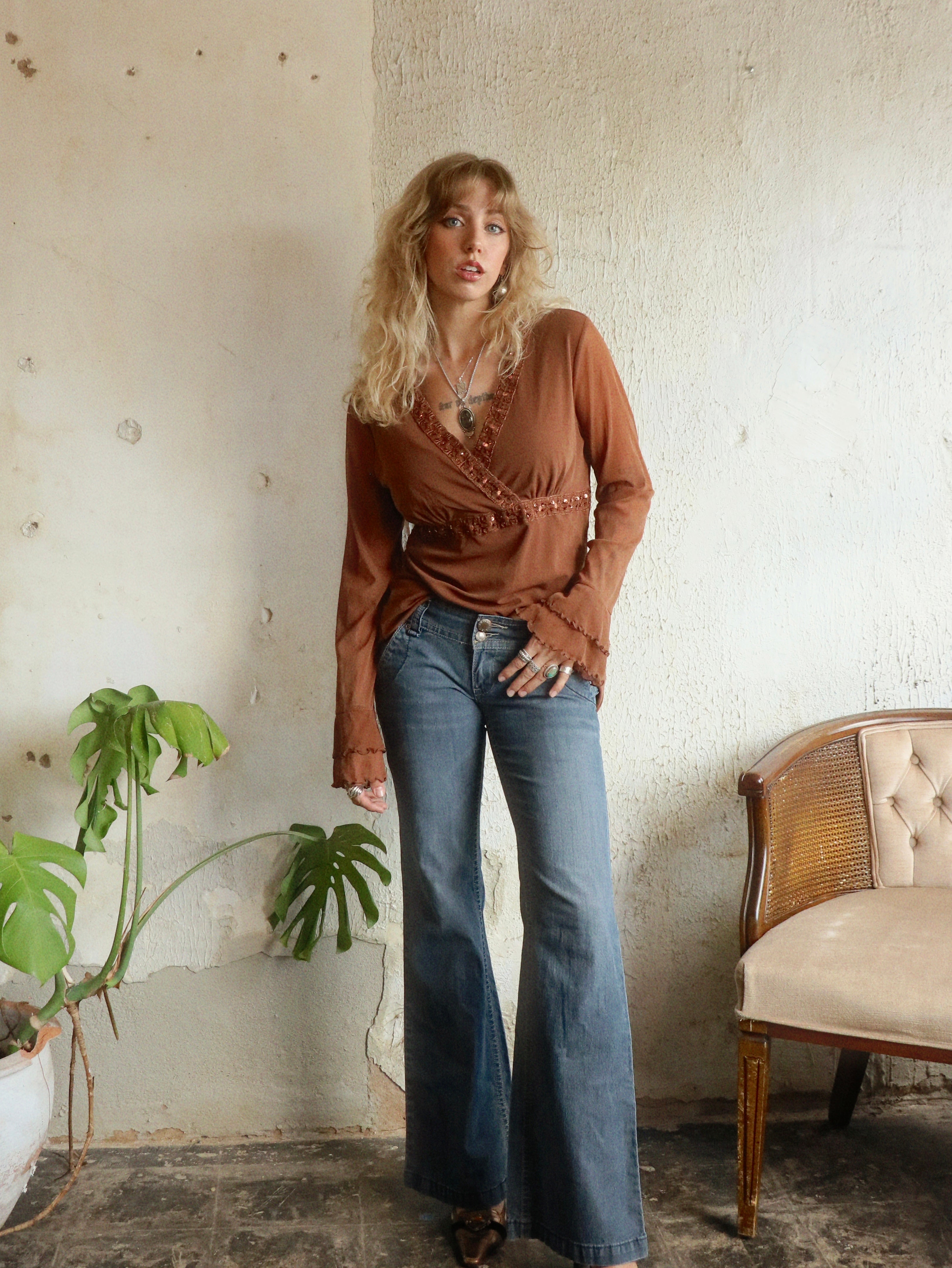 Y2K Beaded Cocoa Java Blouse - Size Large