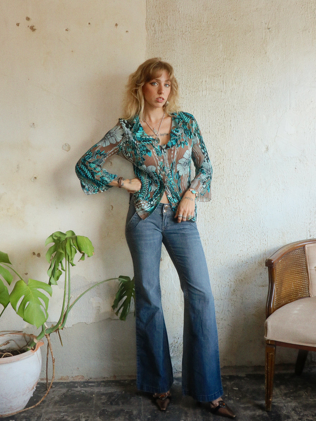 Y2K Floral Pleated Blouse - Size Small