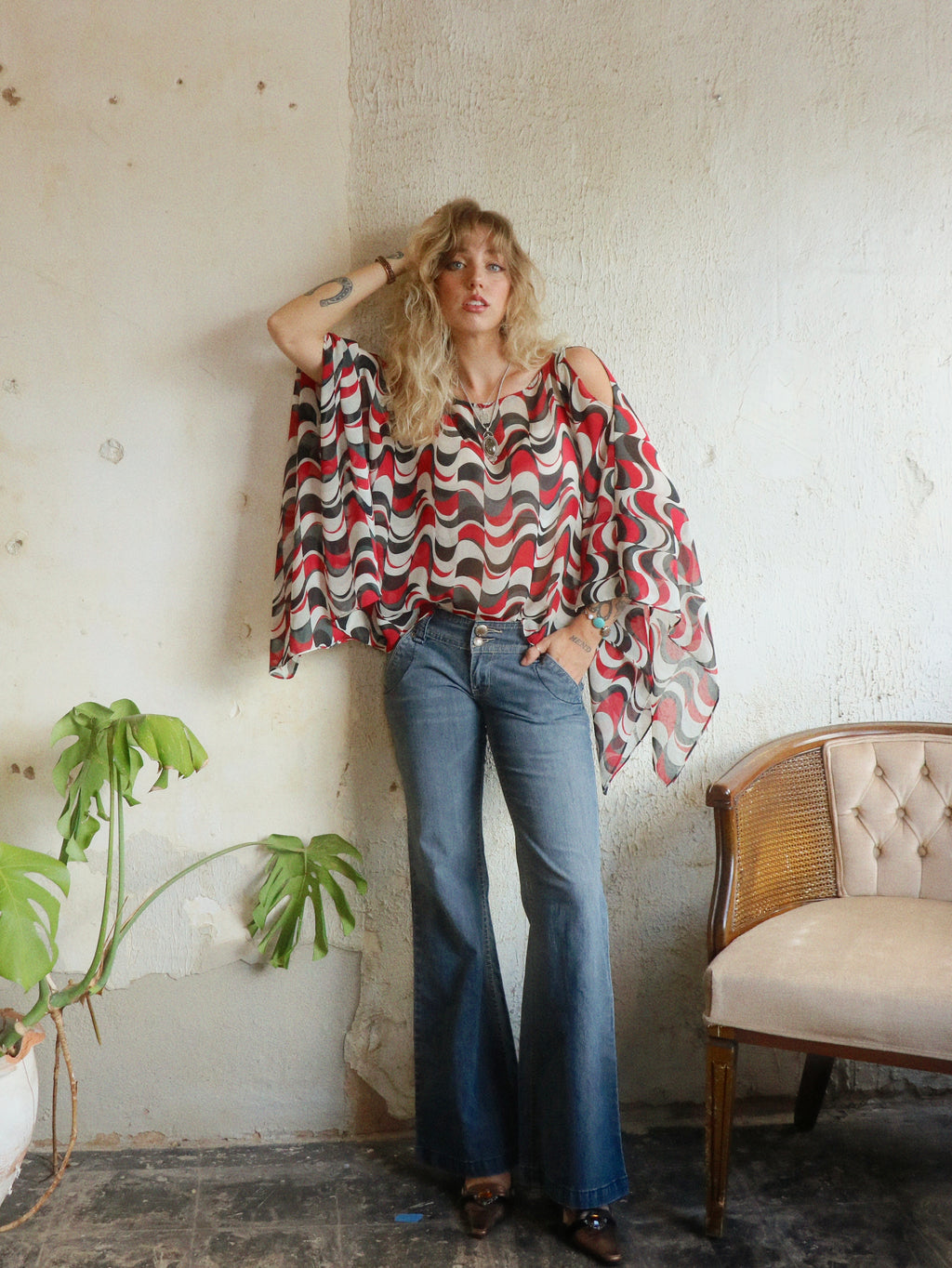 Y2K Cold Shoulder Handkerchief Blouse - Size Large