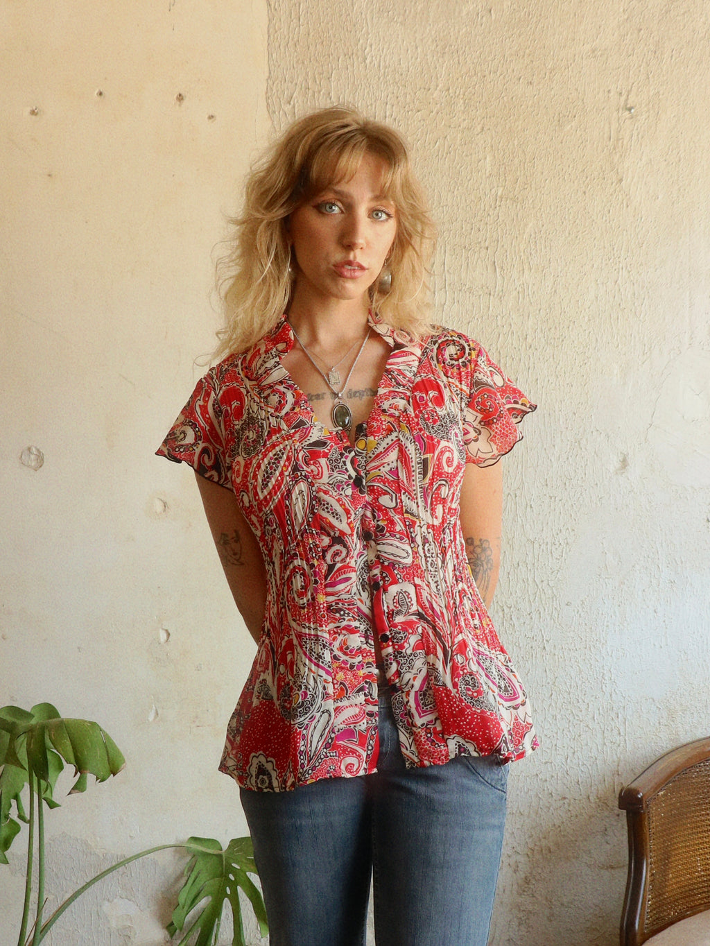 Y2K Red Paisley Pleated Blouse - Size Medium