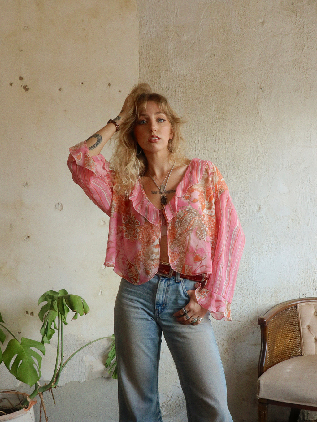 Y2K Pink Paisley Tie Blouse - Size Large