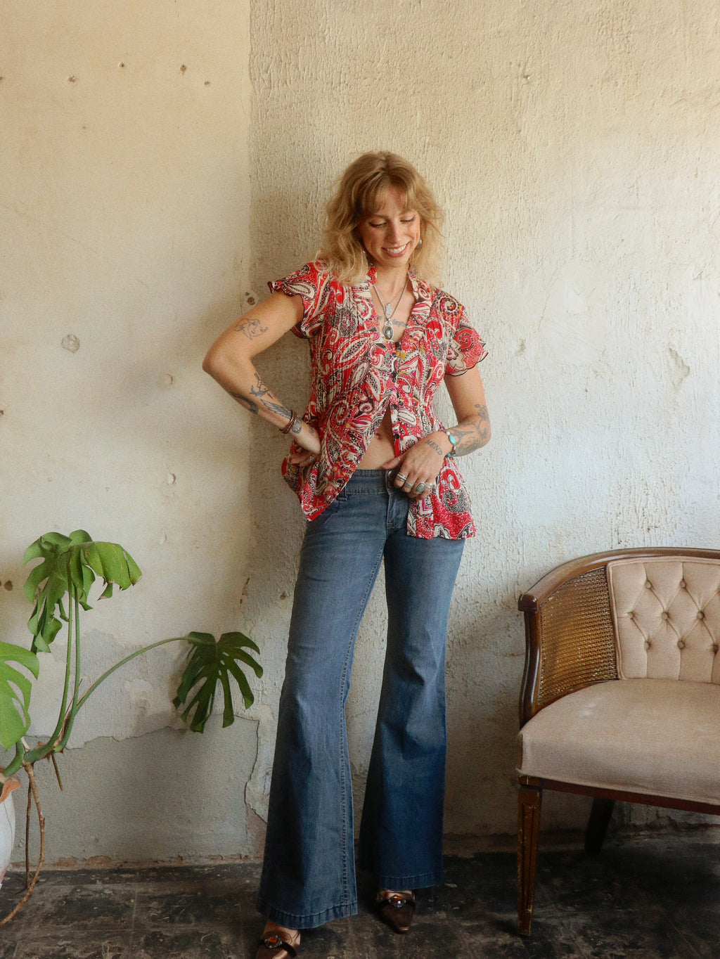Y2K Red Paisley Pleated Blouse - Size Medium