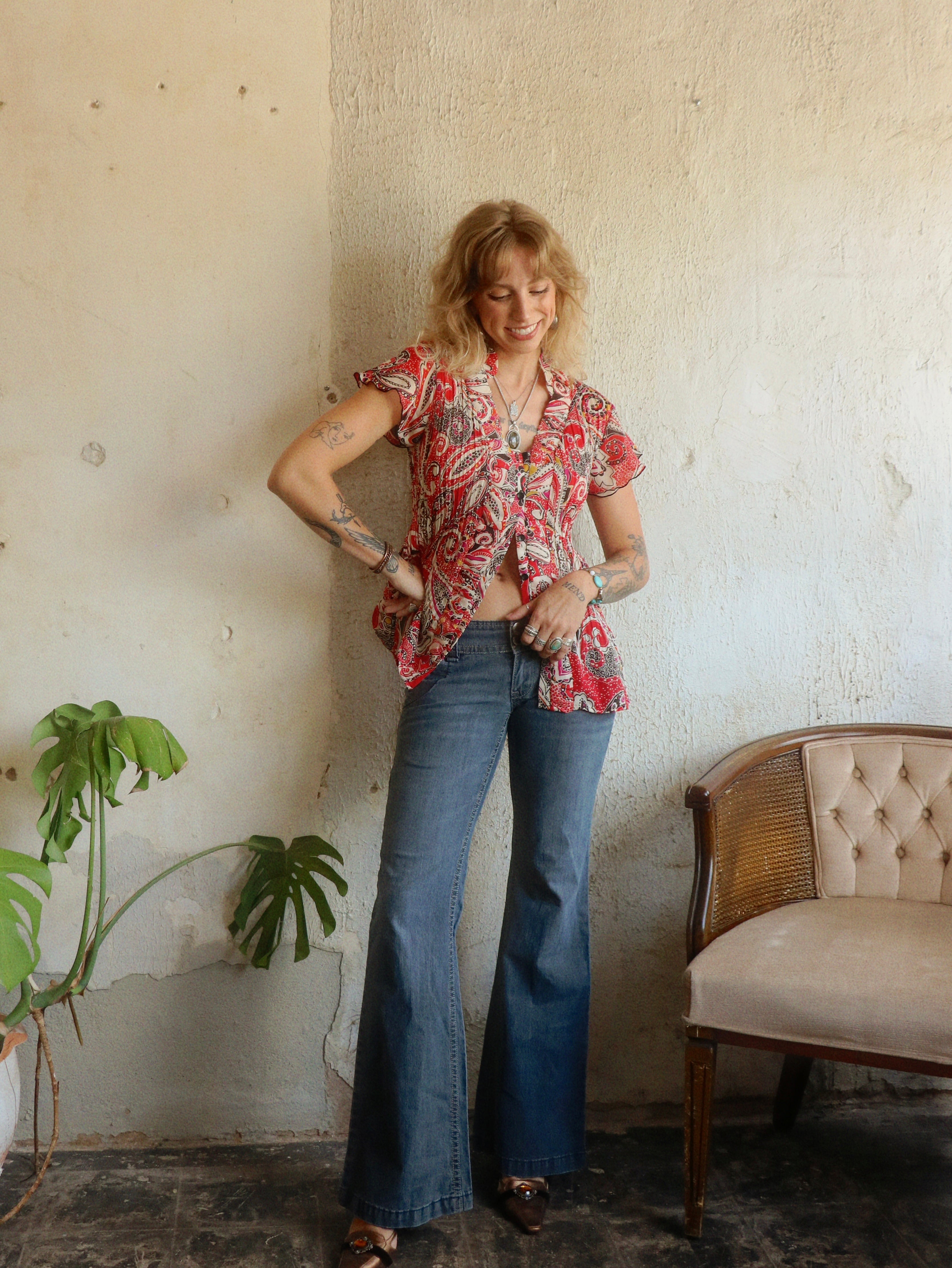 Y2K Red Paisley Pleated Blouse - Size Medium