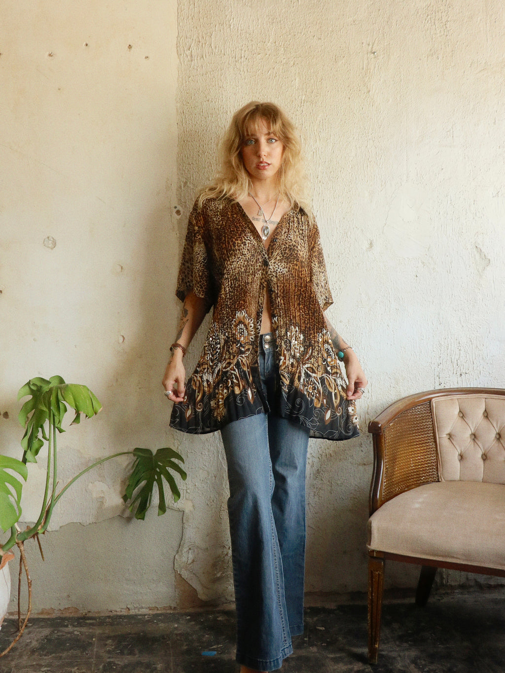 Y2K Beaded Leopard Swing Blouse - Size 3X