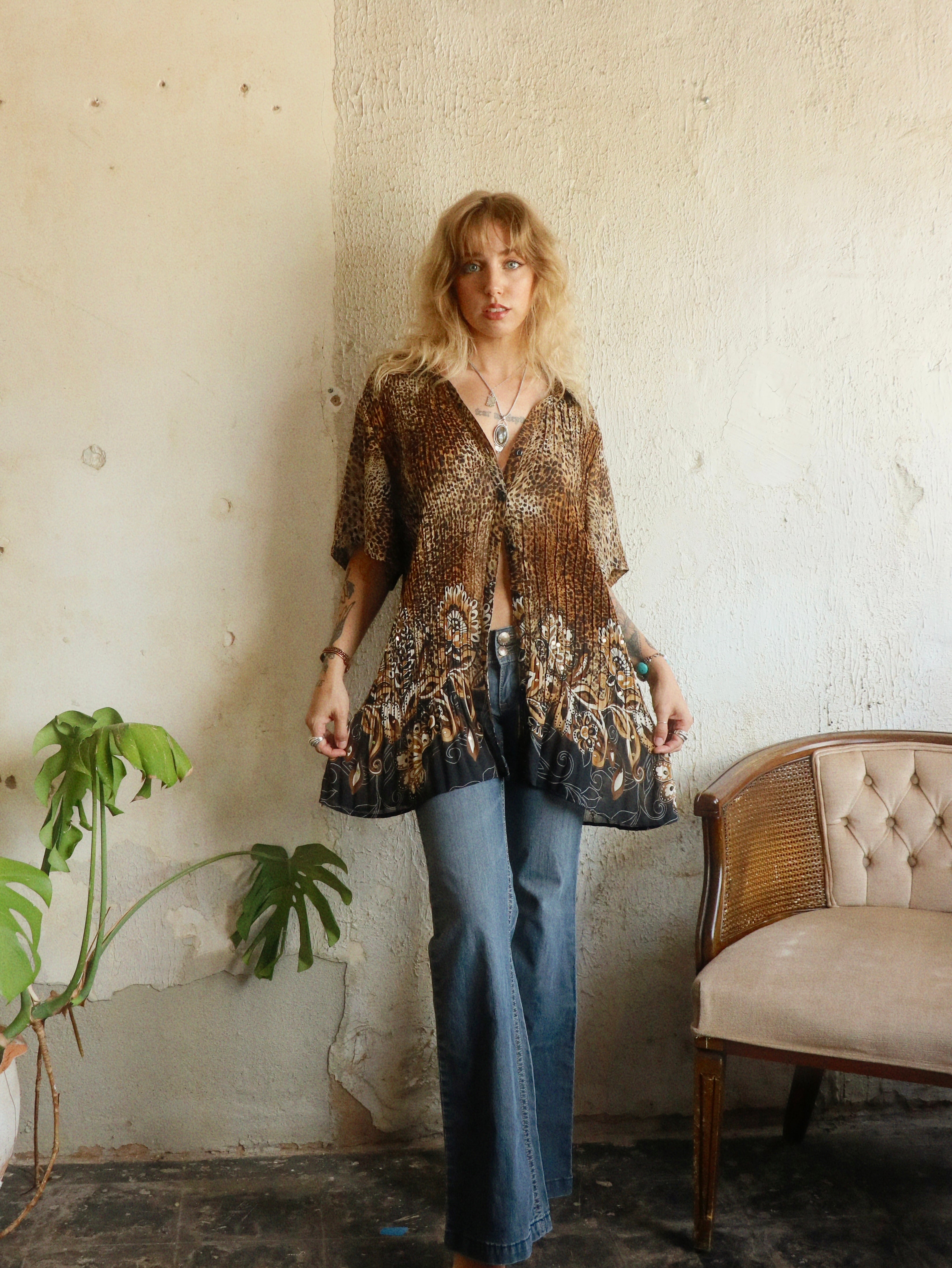 Y2K Beaded Leopard Swing Blouse - Size 3X