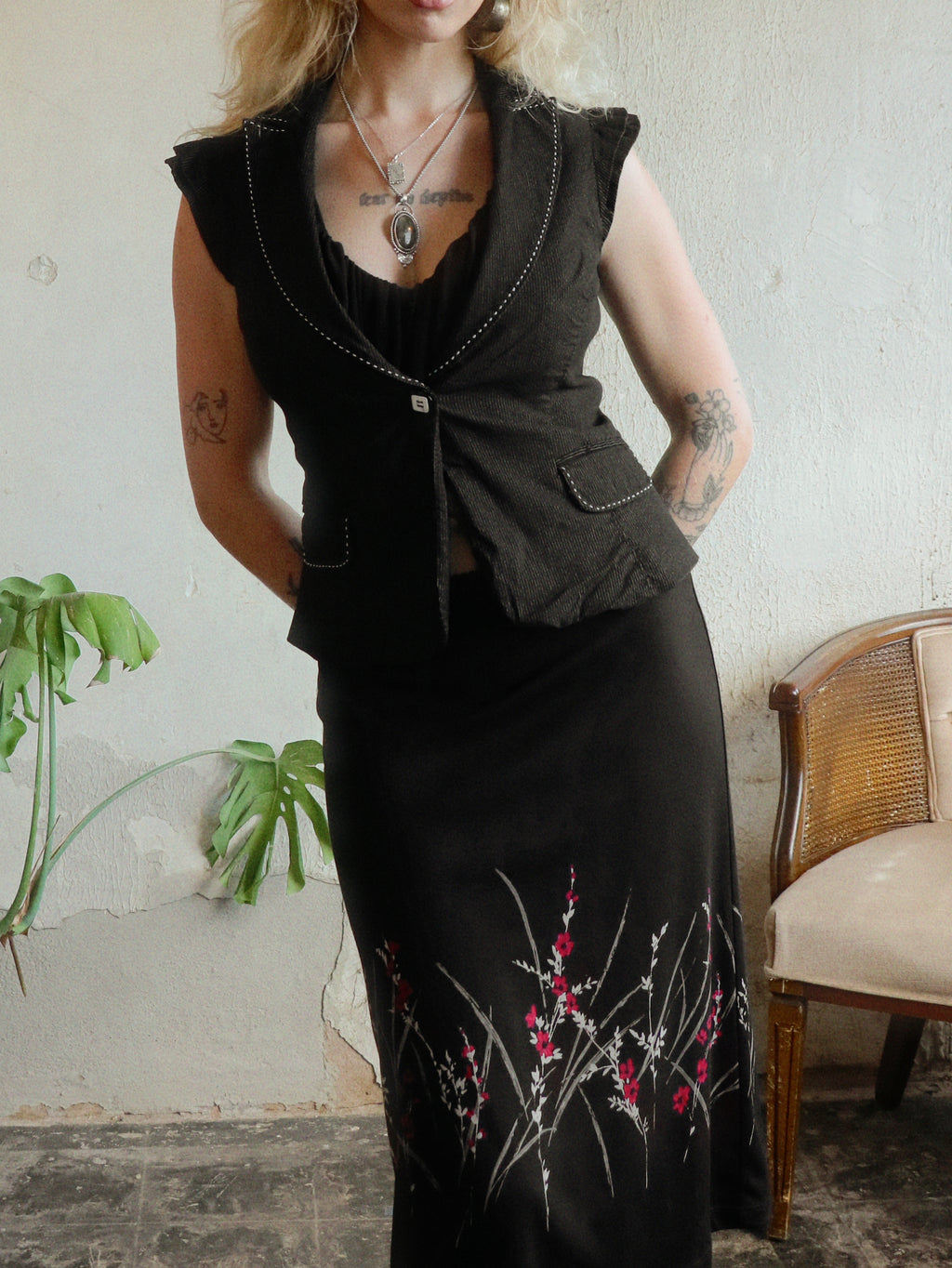 Y2K Cherry Blossom Midi Skirt - Size XS