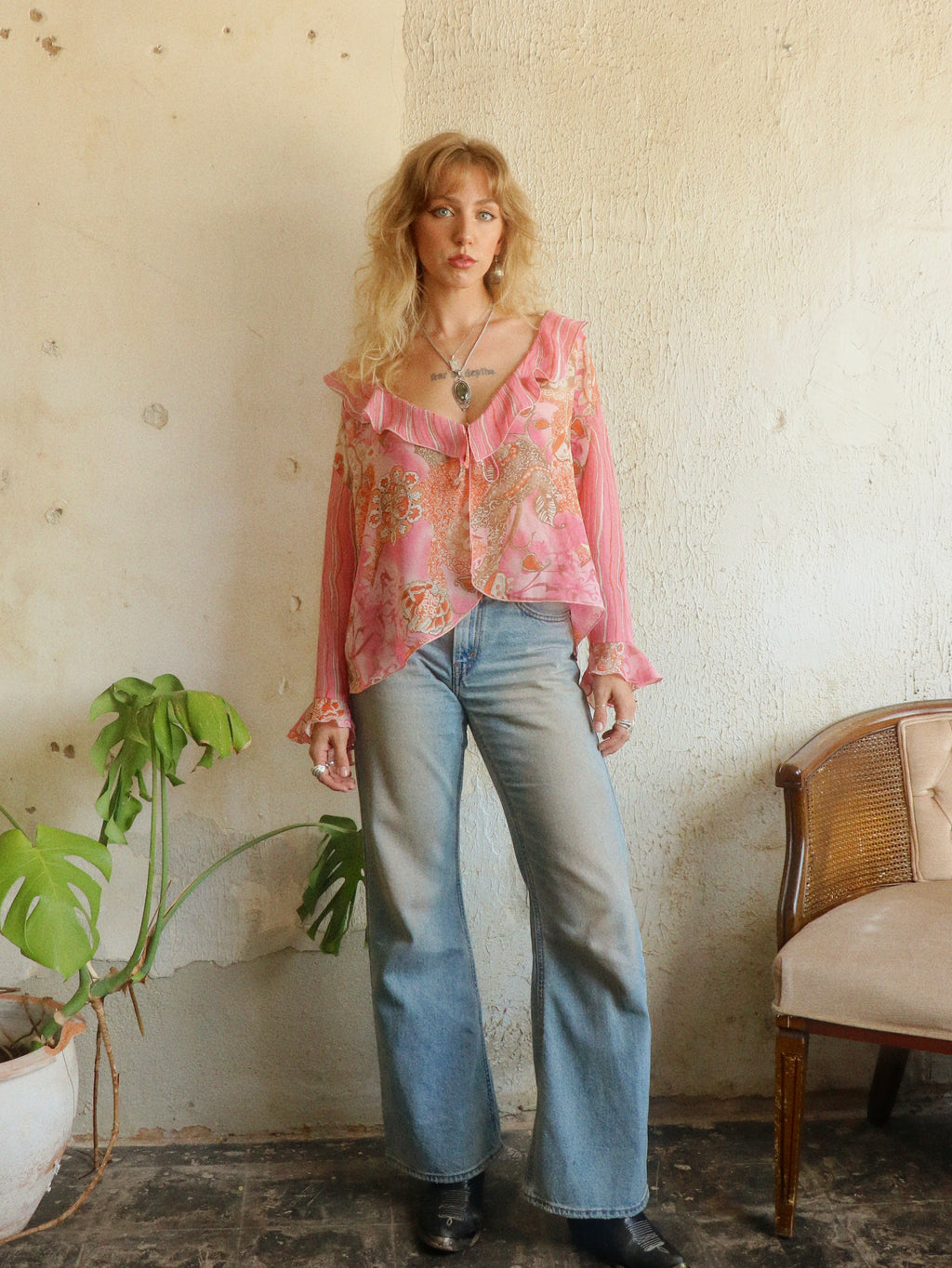 Y2K Pink Paisley Tie Blouse - Size Large