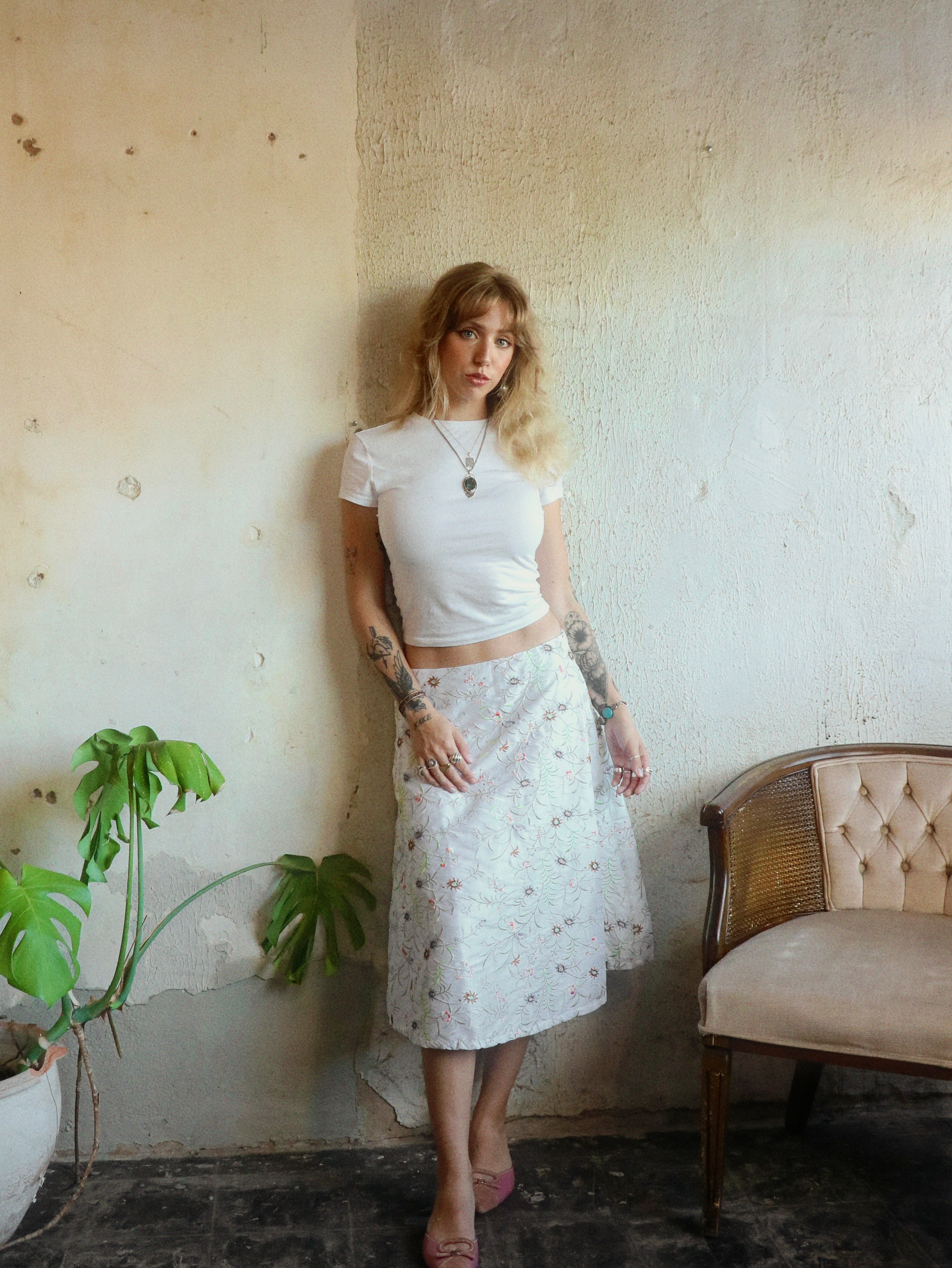 Y2K Floral Embroidered Midi Skirt - Size Large