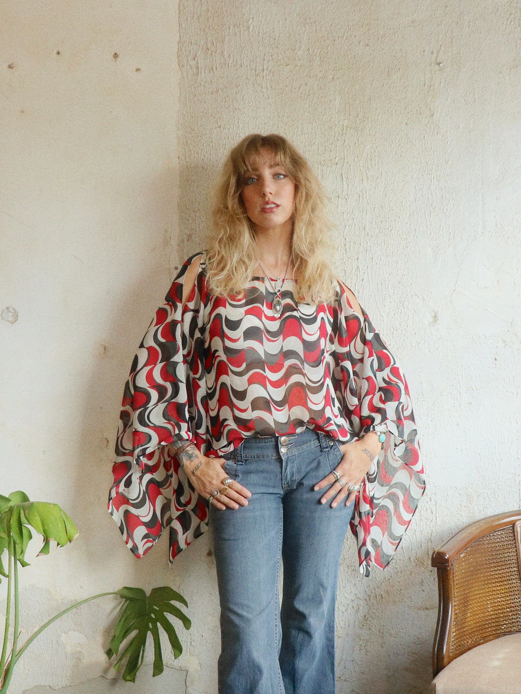 Y2K Cold Shoulder Handkerchief Blouse - Size Large