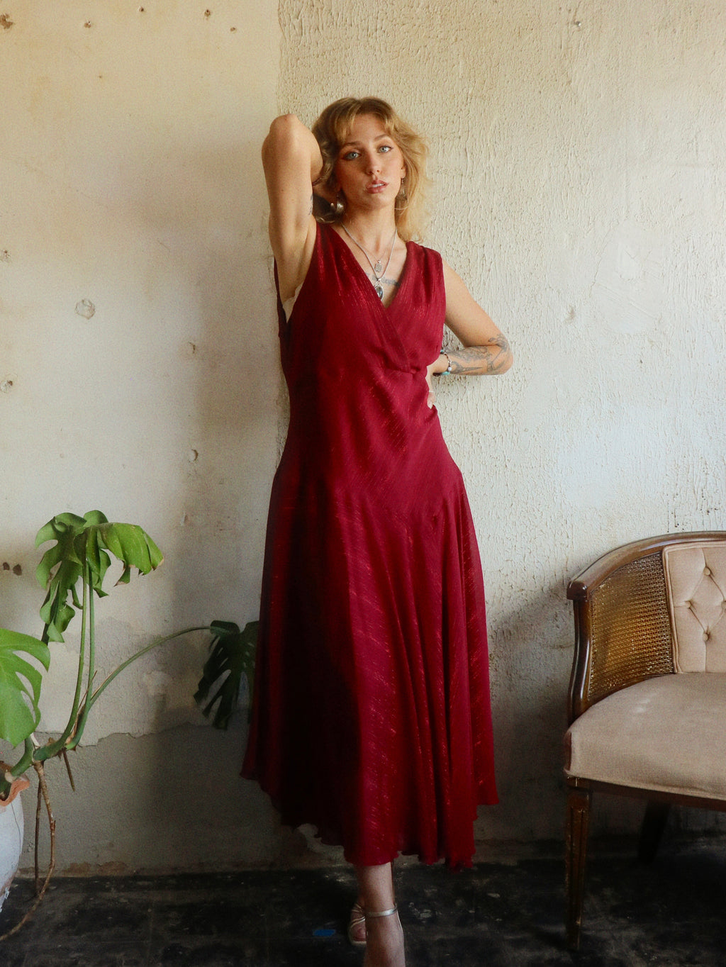 Y2K Metallic Crimson Swing Dress - Size 16 (XL)